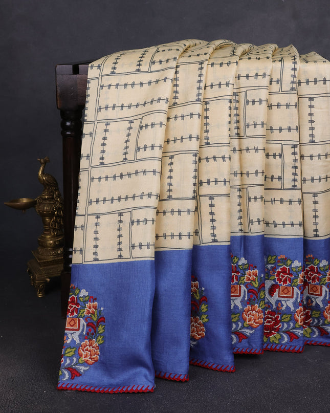 Cream - Blue Tussar Silk Saree
