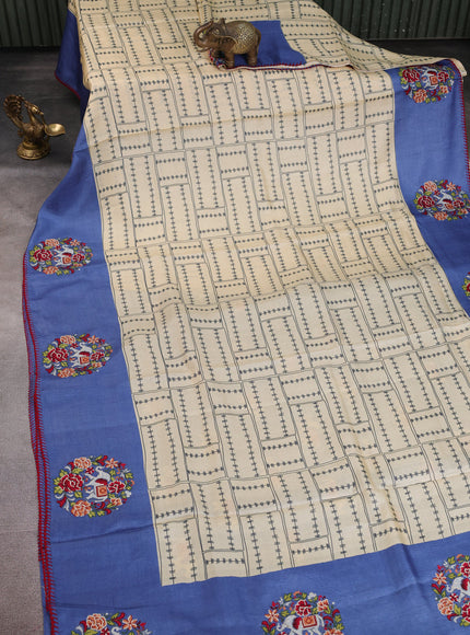 Cream - Blue Tussar Silk Saree