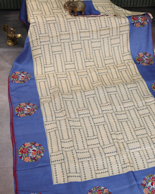 Cream - Blue Tussar Silk Saree