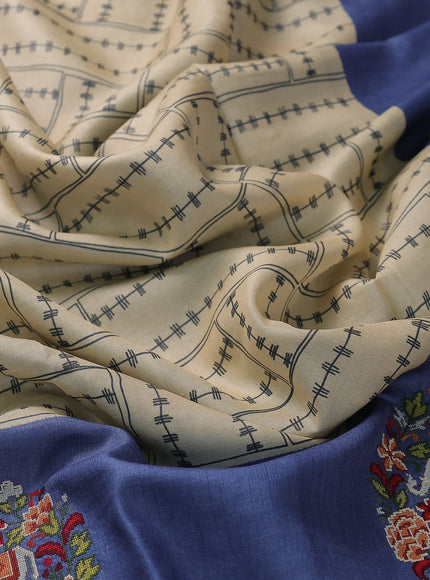 Cream - Blue Tussar Silk Saree
