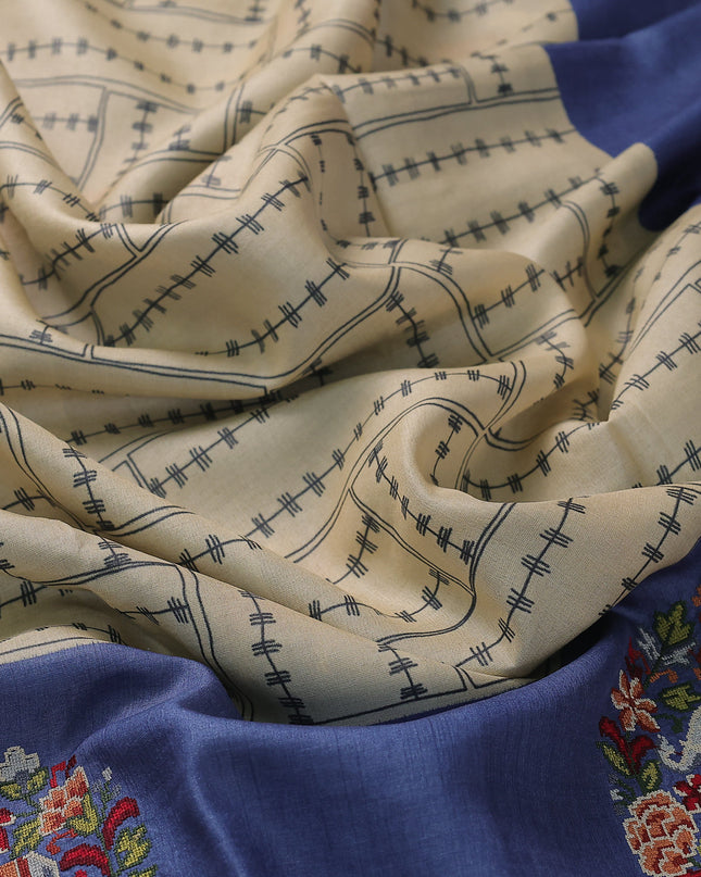 Cream - Blue Tussar Silk Saree