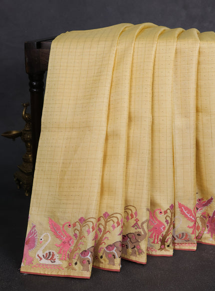 Pale Yellow Tussar Embroidery Saree