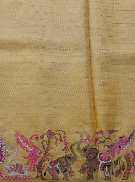 Pale Yellow Tussar Embroidery Saree