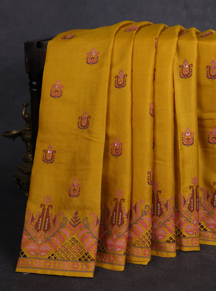 Mustard Yellow Tussar Embroidery Saree