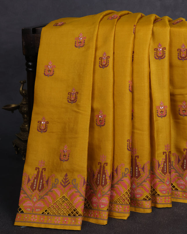 Mustard Yellow Tussar Embroidery Saree