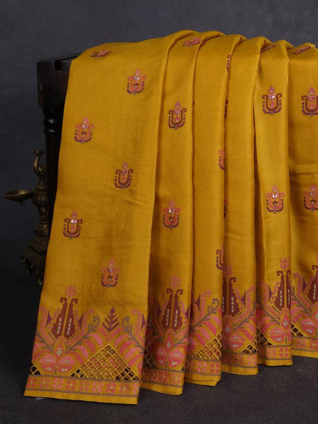 Mustard Yellow Tussar Embroidery Saree