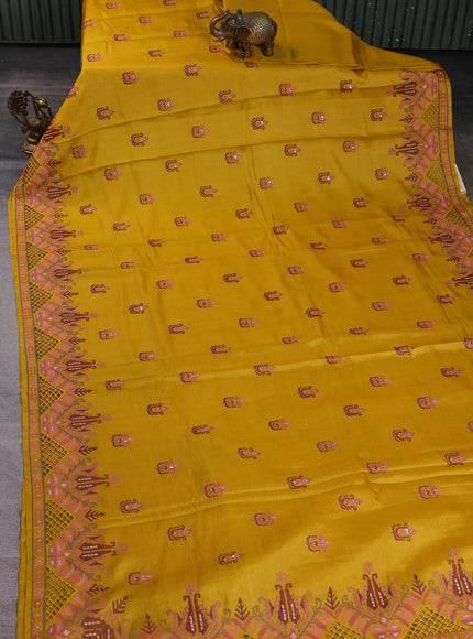 Mustard Yellow Tussar Embroidery Saree