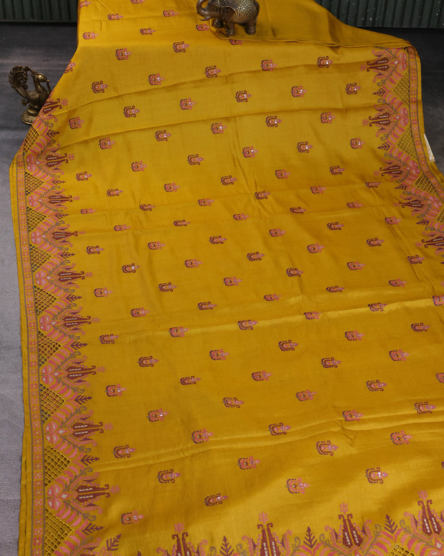 Mustard Yellow Tussar Embroidery Saree