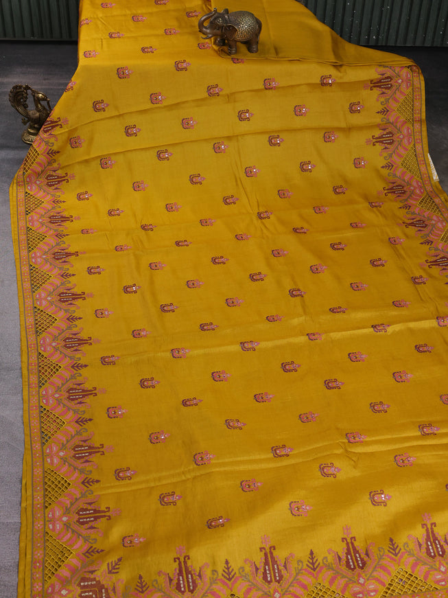 Mustard Yellow Tussar Embroidery Saree
