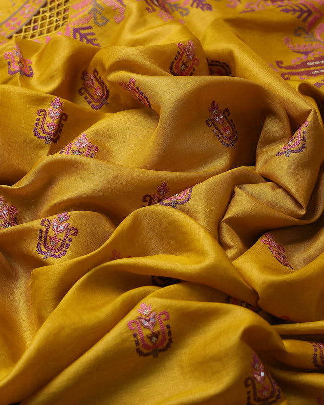 Mustard Yellow Tussar Embroidery Saree