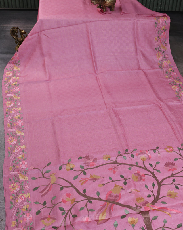 Light Pink Tussar Embroidery Saree