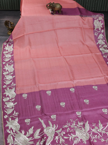 Peach - Onion Pink Tussar Embroidery Saree