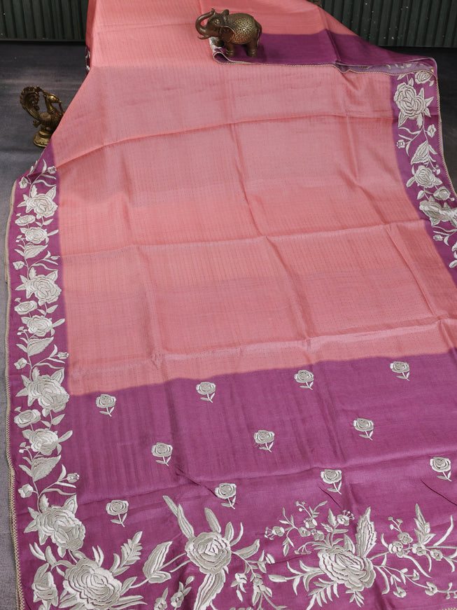 Peach - Onion Pink Tussar Embroidery Saree