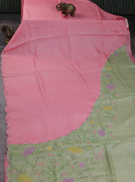 Light Pink - Pista Green Tussar Embroidery Saree