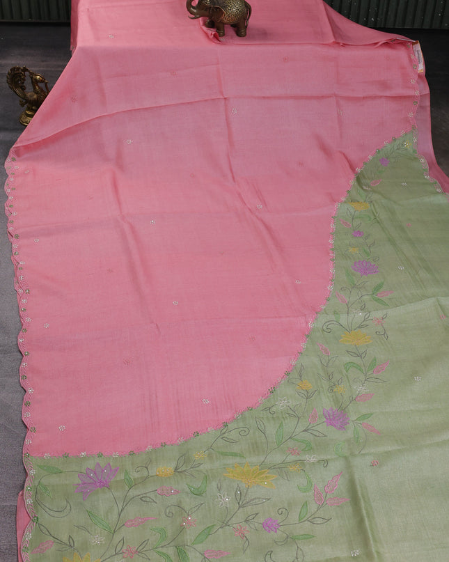 Light Pink - Pista Green Tussar Embroidery Saree