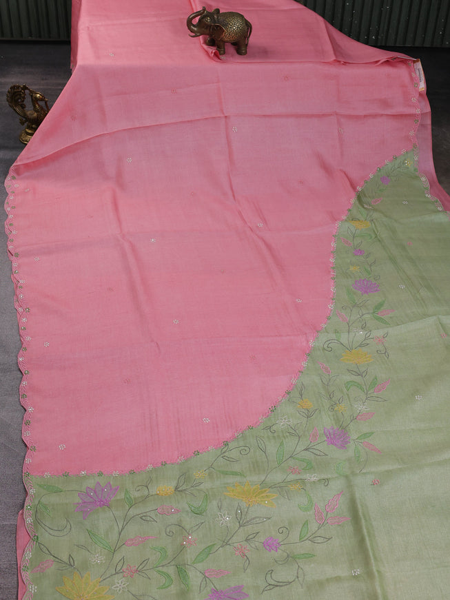 Light Pink - Pista Green Tussar Embroidery Saree
