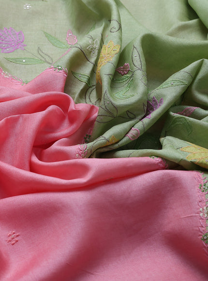Light Pink - Pista Green Tussar Embroidery Saree
