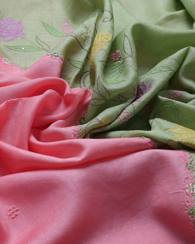 Light Pink - Pista Green Tussar Embroidery Saree
