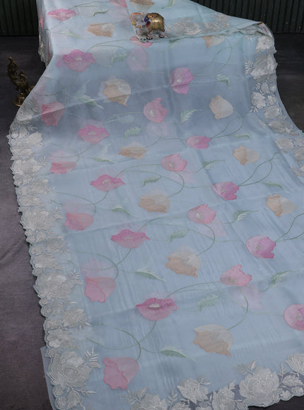 Sky Blue Organza Embroidery Silk Saree