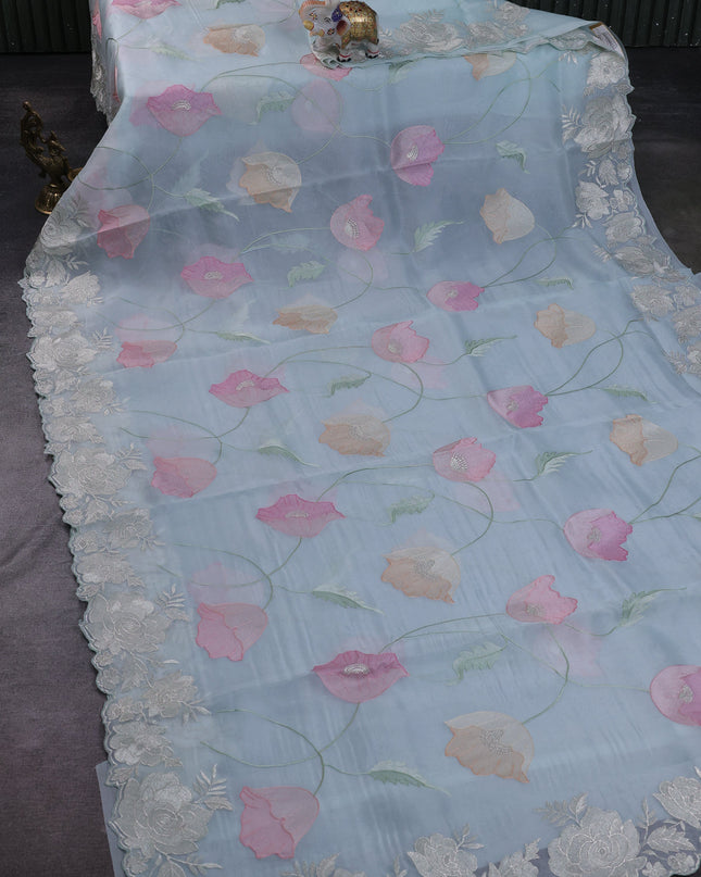 Sky Blue Organza Embroidery Silk Saree
