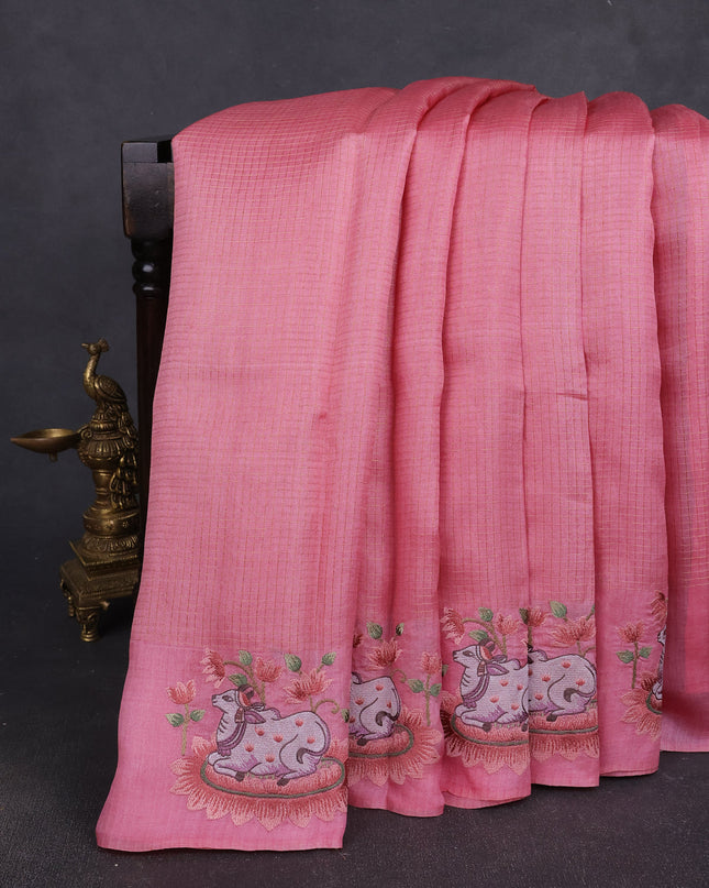 Peach Tussar Embroidery Silk Saree