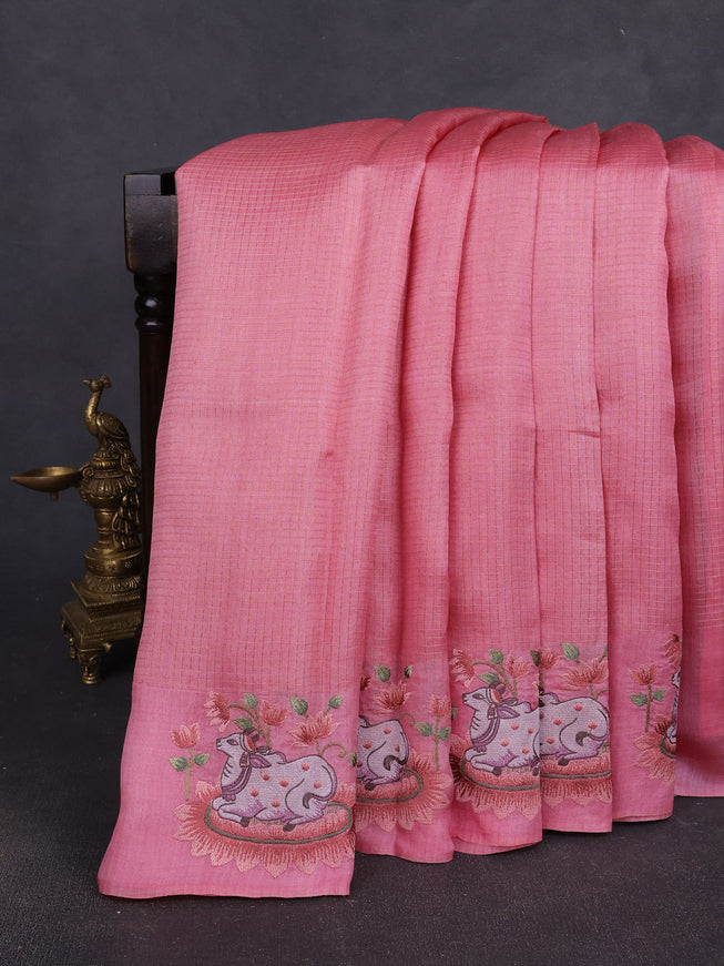 Peach Tussar Embroidery Silk Saree