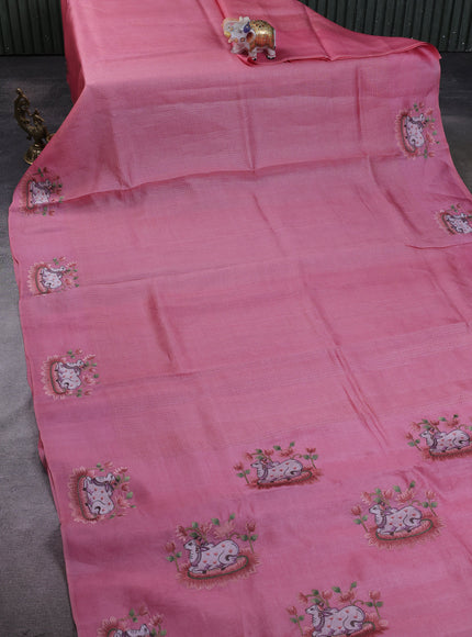 Peach Tussar Embroidery Silk Saree