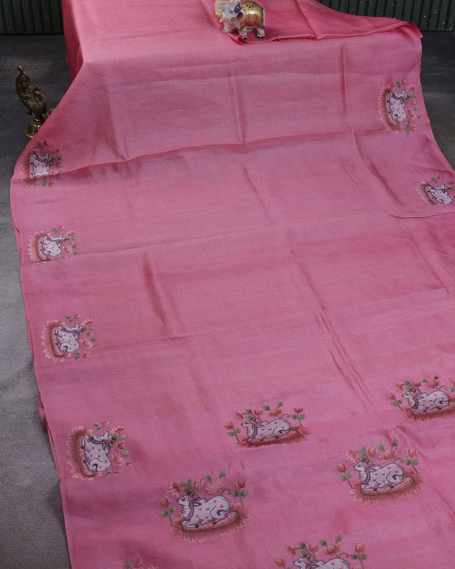 Peach Tussar Embroidery Silk Saree