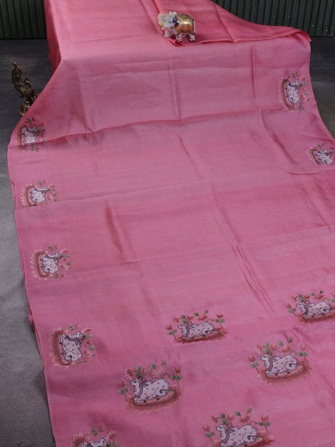 Peach Tussar Embroidery Silk Saree