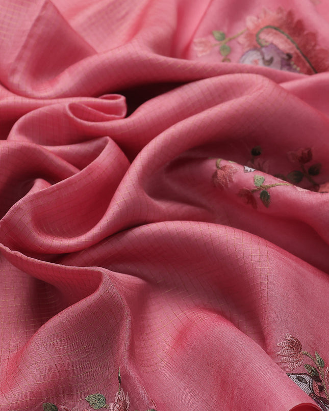Peach Tussar Embroidery Silk Saree