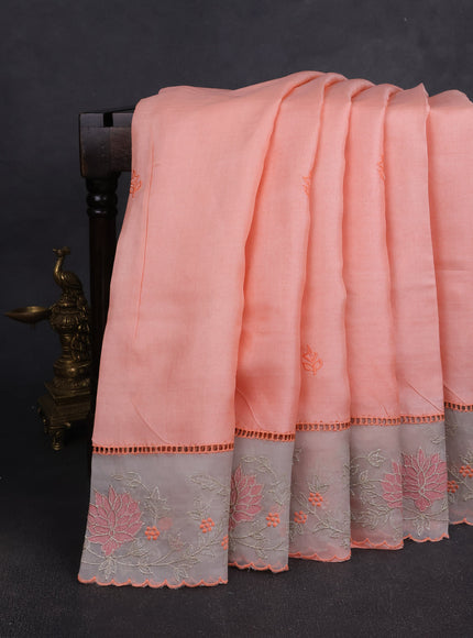 Peach Tussar Embroidery Silk Saree