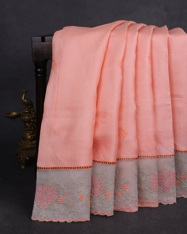Peach Tussar Embroidery Silk Saree