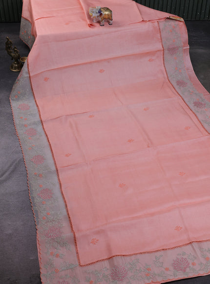 Peach Tussar Embroidery Silk Saree