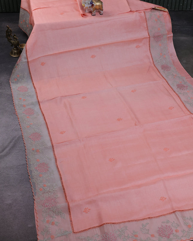 Peach Tussar Embroidery Silk Saree