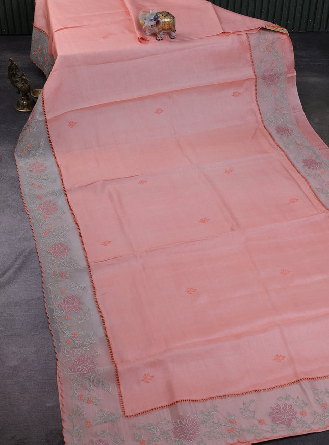 Peach Tussar Embroidery Silk Saree
