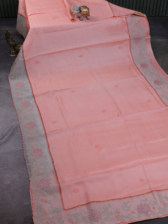 Peach Tussar Embroidery Silk Saree