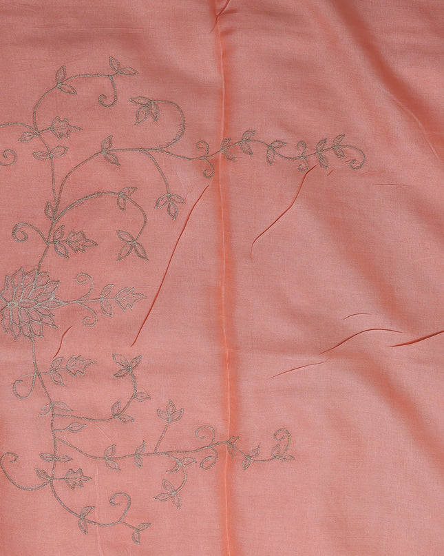 Peach Tussar Embroidery Silk Saree