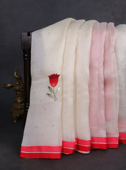 Off White - Tomato Red  Organza Embroidery Silk Saree