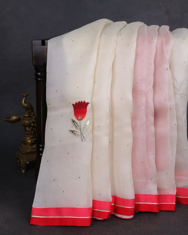 Off White - Tomato Red  Organza Embroidery Silk Saree