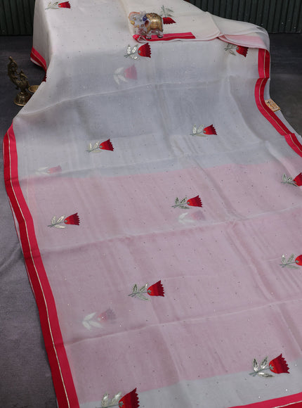 Off White - Tomato Red  Organza Embroidery Silk Saree