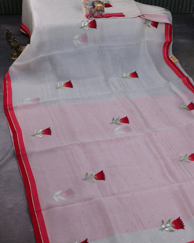 Off White - Tomato Red  Organza Embroidery Silk Saree