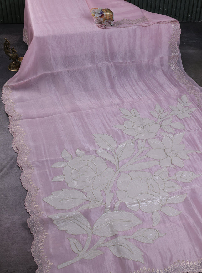 Baby Pink Organza Tissue Embroidery Silk Saree