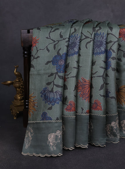 Greyish Green Tussar Embroidery Silk Saree