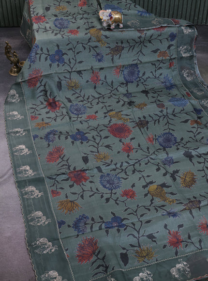 Greyish Green Tussar Embroidery Silk Saree