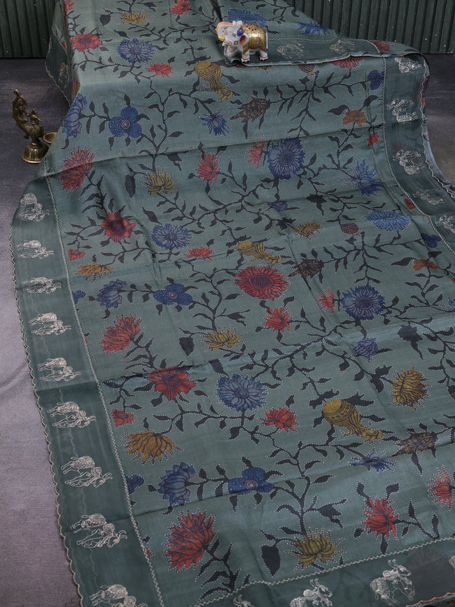 Greyish Green Tussar Embroidery Silk Saree