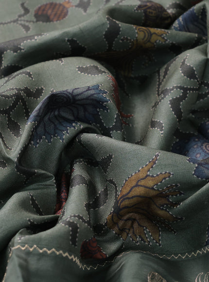 Greyish Green Tussar Embroidery Silk Saree