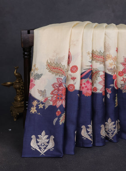 Cream - Navy Blue Tussar Embroidery Silk Saree