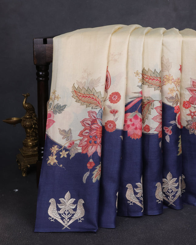 Cream - Navy Blue Tussar Embroidery Silk Saree