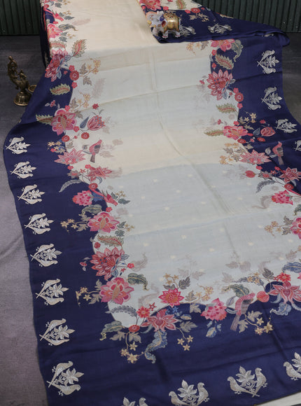 Cream - Navy Blue Tussar Embroidery Silk Saree