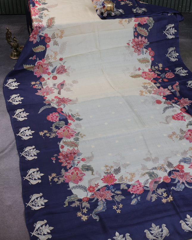 Cream - Navy Blue Tussar Embroidery Silk Saree